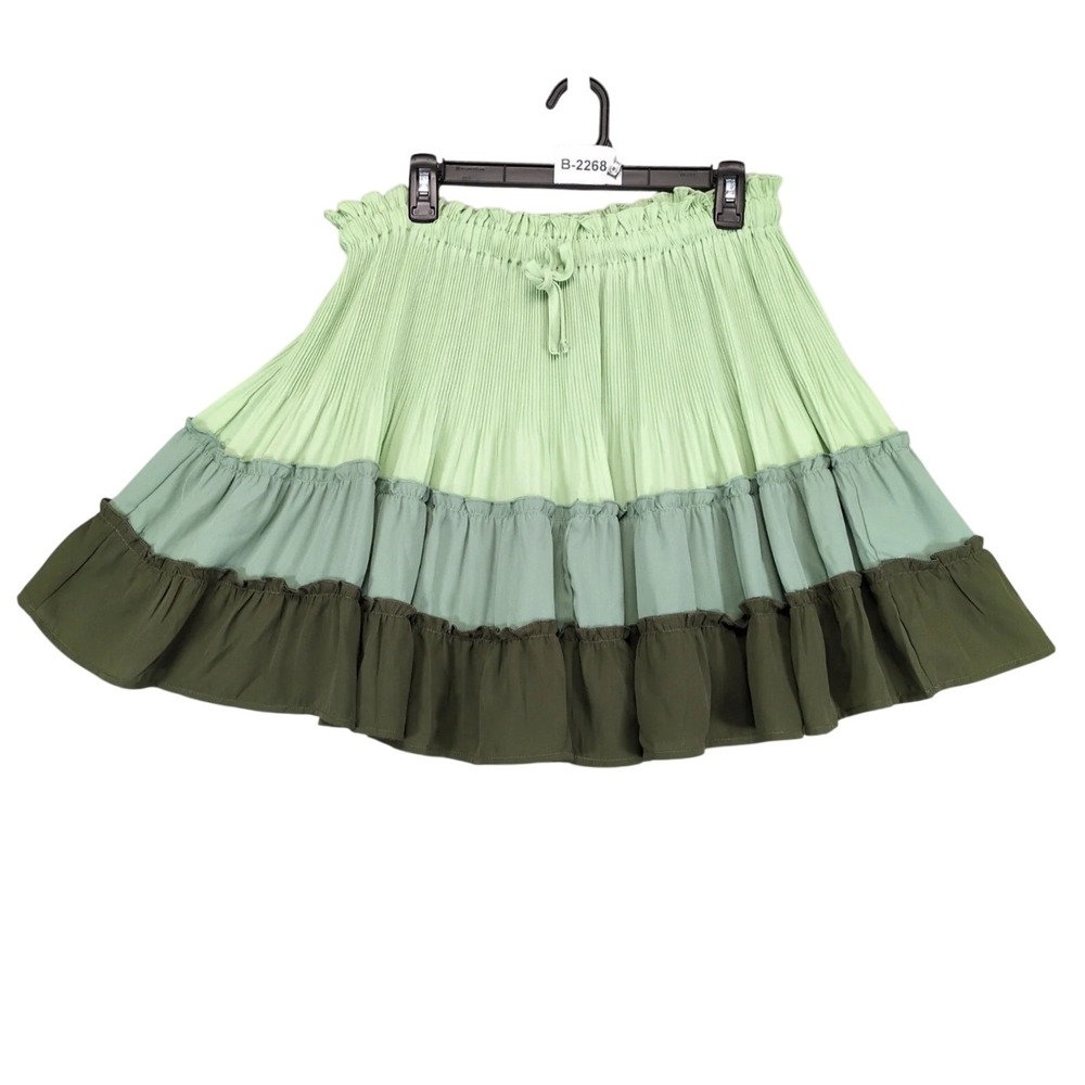Oddi Green Tiered Mini Skirt Sz L Pleats Ruffle Elastic Waist Boho Fairy Cottage